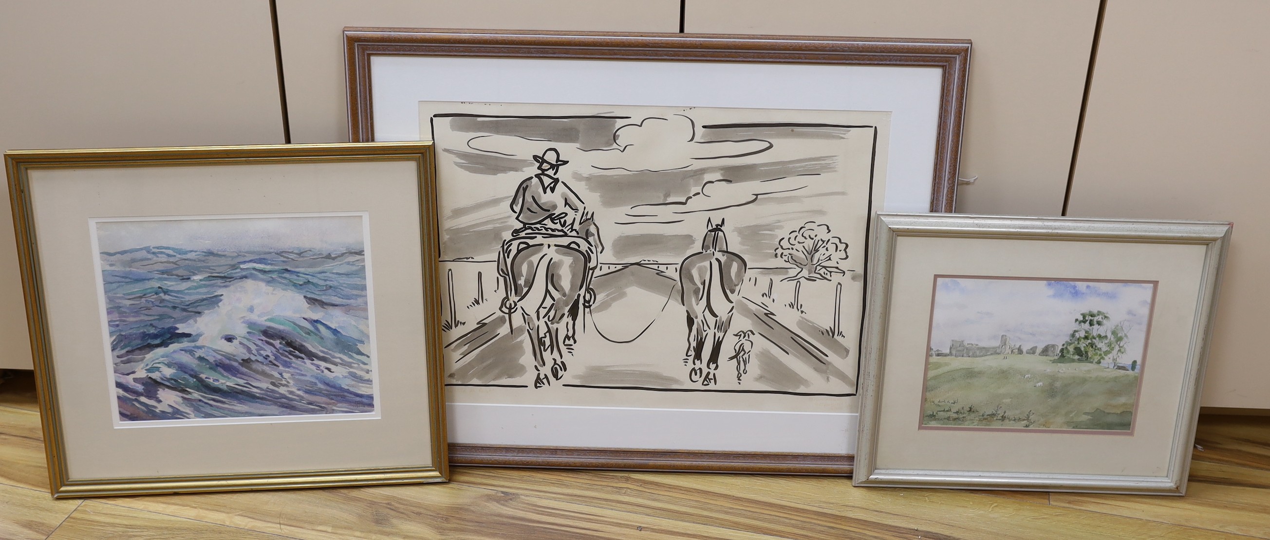 Miguel Gasparini, ink and wash, 'Vuelta al Pago' Spanish horserider leading a horse and dog along a track, indistinctly signed, 41 x 58cm, a watercolor of Herstmonceux Castle by Peter Clifford and a study of a waves from